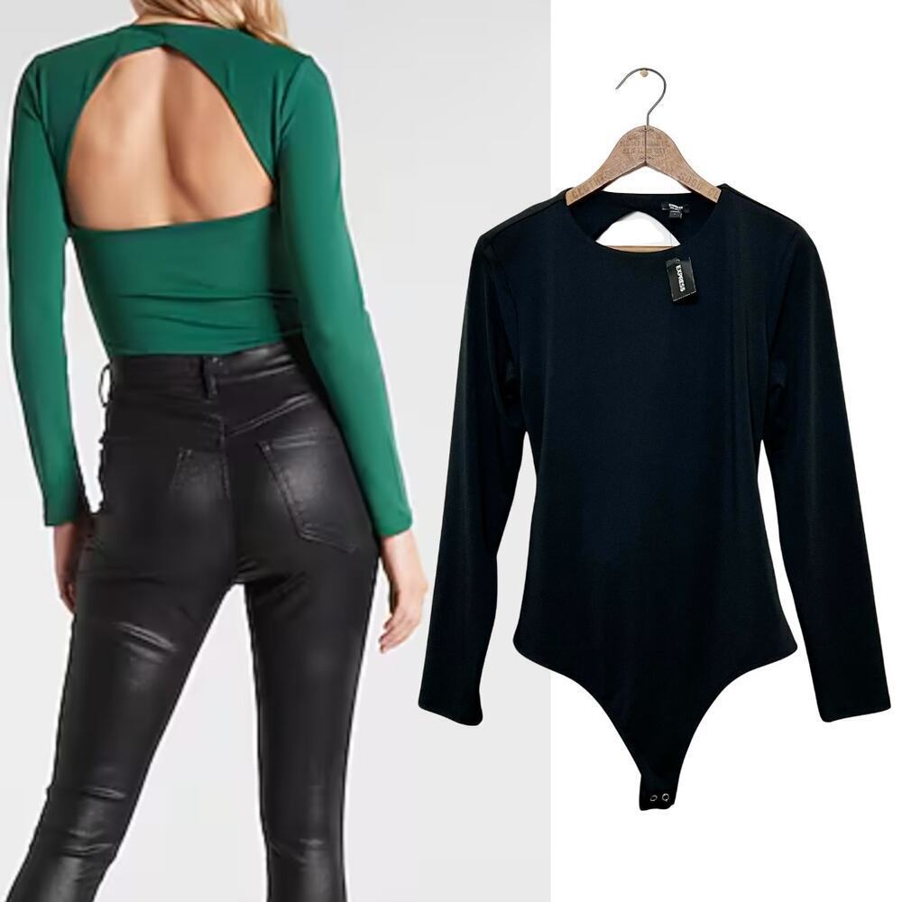 NEW Express Women's Black Body Contour Long Sleeve Back Cutout Thong Bodysuit L